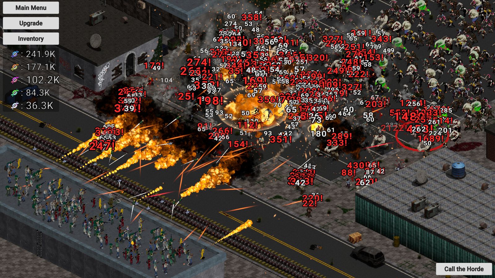 Official ShredDead screenshot: zombies pushing down a city street toward a fortified outpost
